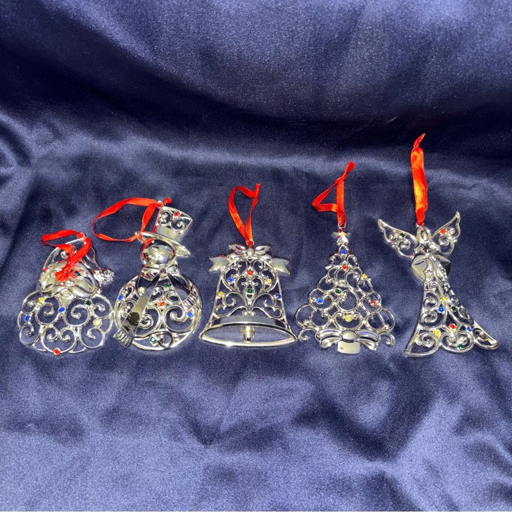 Lenox Sparkle and Scroll Multi-Crystal Silver-plated Ornaments Lot Of 5